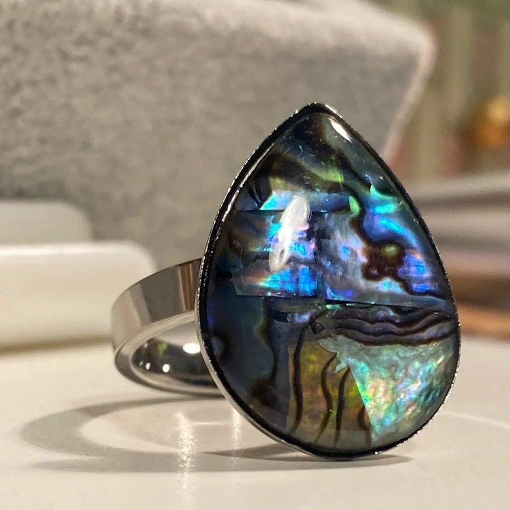 NEW Oversized Abalone Statement Ring Silver Boho Iridescent Beach Jewelry waterp
